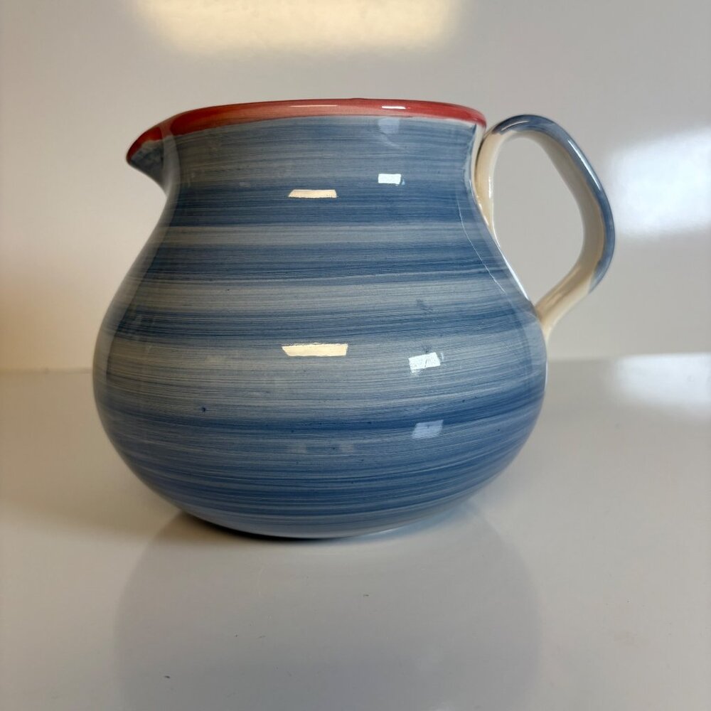 Furio Ceramic Water Pitcher Blue Red Striped Design Made in Italy Cottage Chic